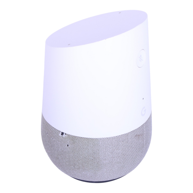 Google Home slimme speaker, wit met grijze stof, schuin van voren met kleine vlekjes op de stof, tweedehands