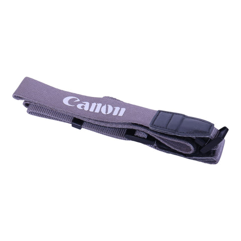 Canon vintage camera nekriem, grijs met Canon-opdruk, gevouwen met leren uiteinden, tweedehands