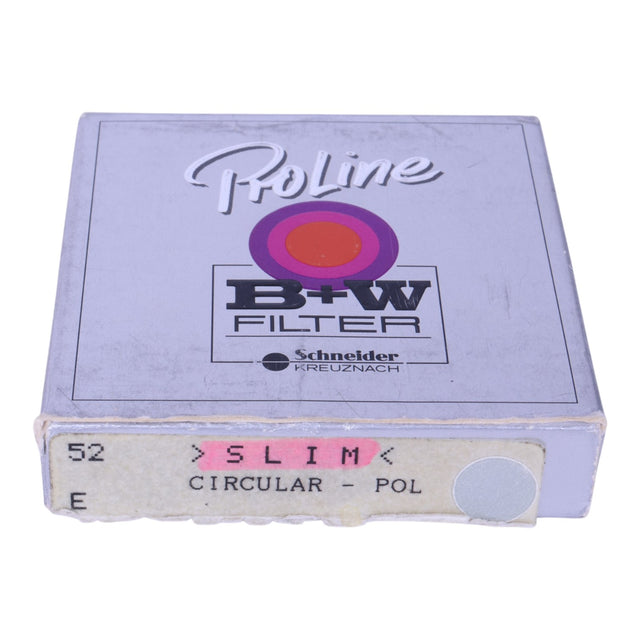 B+W ProLine slim circulair polarisatiefilter 52 E, doos voorkant met ProLine-logo en etiket 52 Slim Circular-Pol