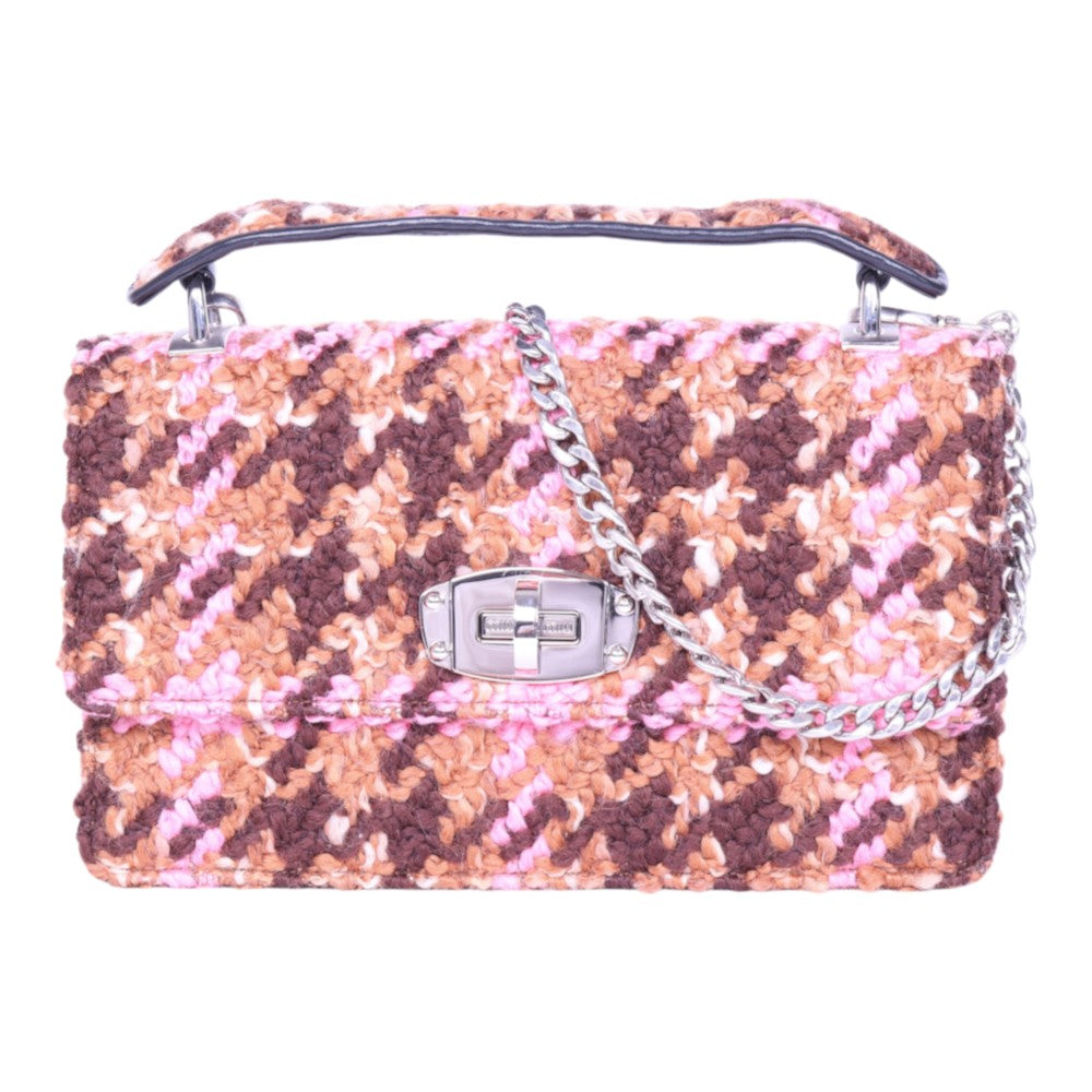 Bouclé Wollen Top-Handle Tas - Roze Houndstooth