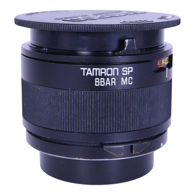 Tamron SP BBAR MC 2x teleconverter, zwart, zijkant met opschrift Tamron SP BBAR MC en frontdop erop, tweedehands