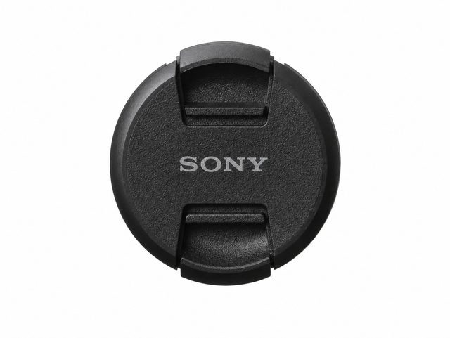 Sony lensdop 49mm, zwart met zilver Sony-logo en knijpgrepen boven en onder, voorkant