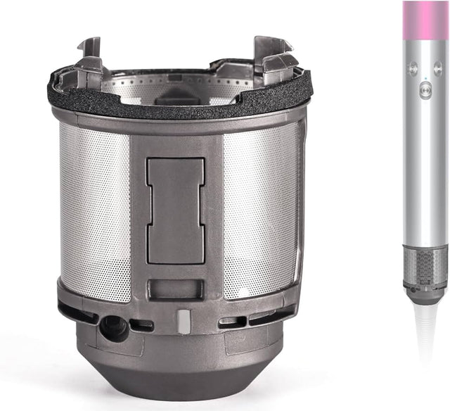 Dyson binnenfilter voor Airwrap HS01 en HS05, grijs, metalen gaasfilter naast een Airwrap styler, tweedehands