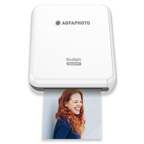 AgfaPhoto Realipix Square P fotoprinter, wit, met een foto die uit de printer komt