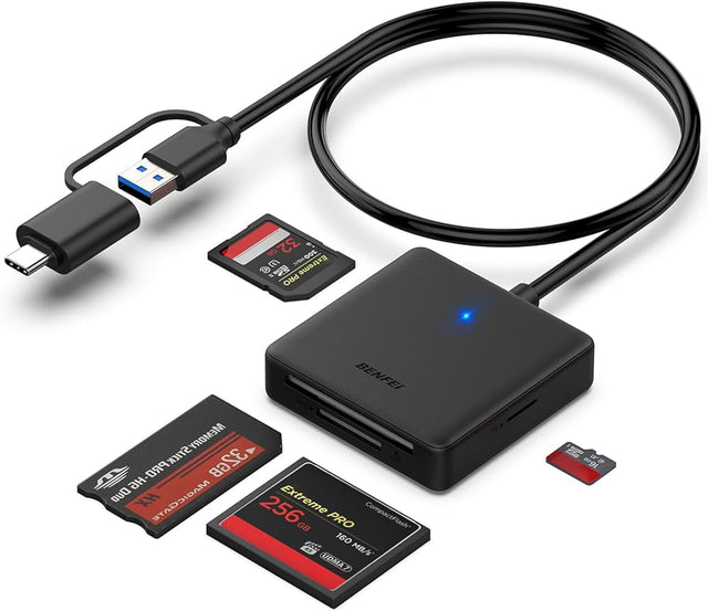 Benfei 4-in-1 kaartlezer USB 3.0 en USB-C, zwart, lezer met kabel en vier niet meegeleverde geheugenkaarten, tweedehands