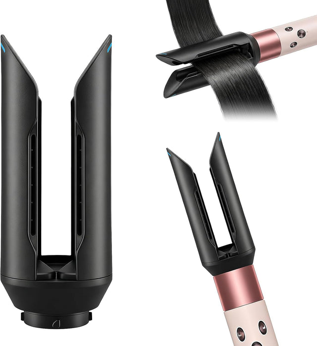 Stijltang opzetstuk voor Dyson Airwrap HS01, HS05 en HS08, zwart, los opzetstuk naast twee voorbeelden op een roze Airwrap