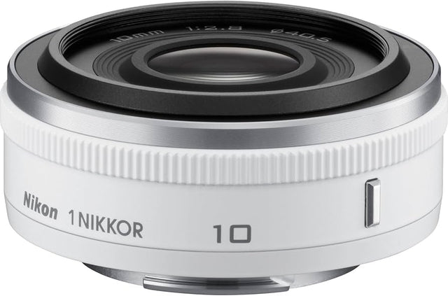 Nikon 1 Nikkor 10mm f/2.8 lens, wit, schuin van voren met opschrift 1 Nikkor 10, tweedehands