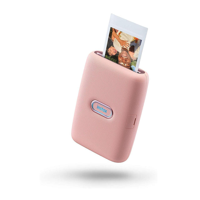 Fujifilm Instax Mini Link smartphoneprinter, roze Dusky Pink, voorkant met Instax-logo en foto-afdruk
