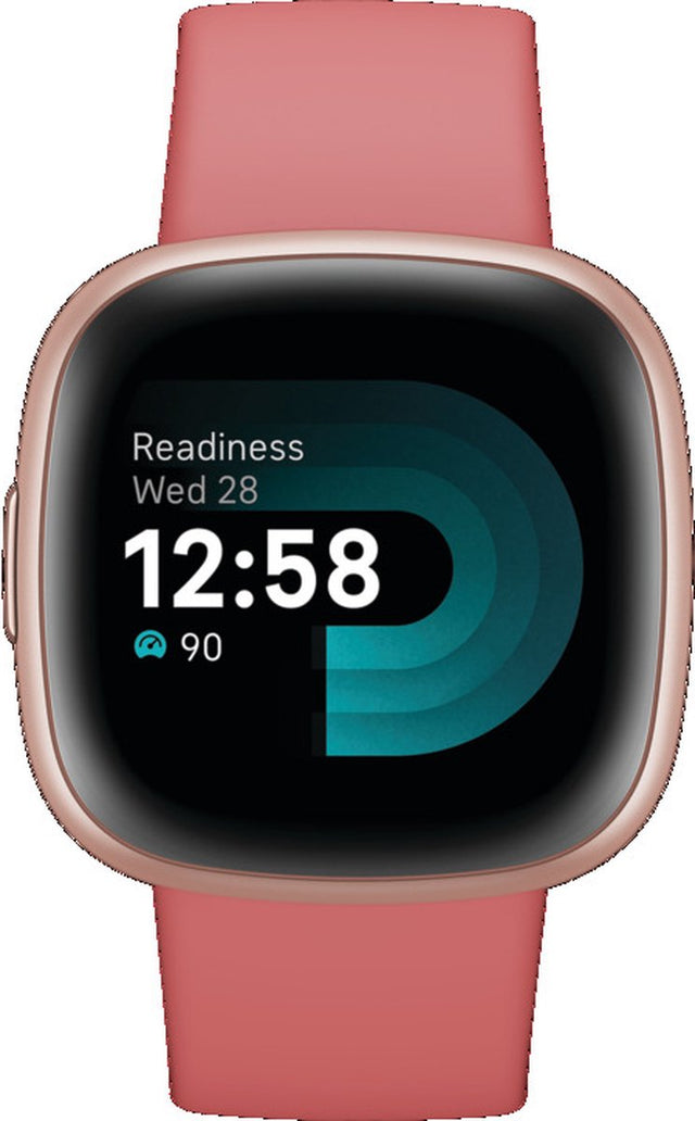 Fitbit Versa 4 smartwatch - Pink Sand/Copper Rose Aluminium, Copper Rose aluminium kast met roze Pink Sand band, vooraanzicht