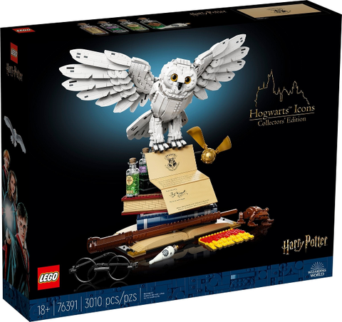 LEGO 76391 Harry Potter Zweinstein Iconen - Verzamelobjecten, doos voorkant met Hedwig