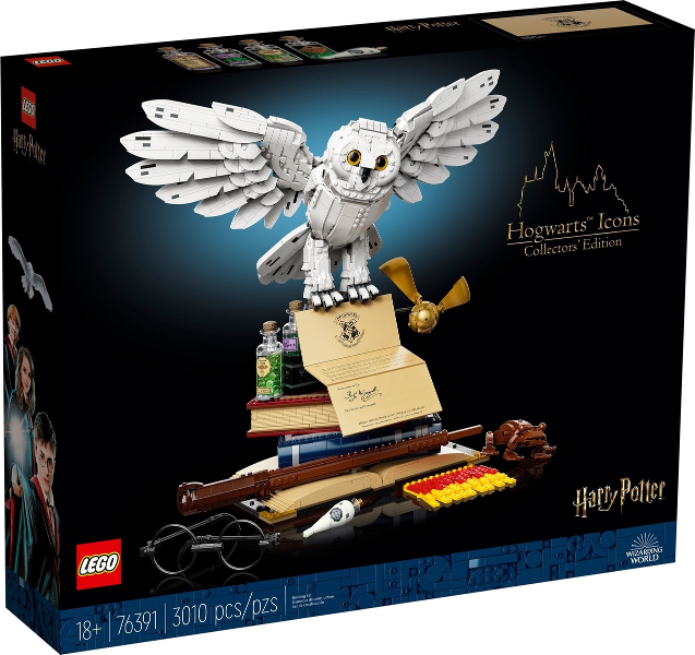 LEGO 76391 Harry Potter Zweinstein Iconen - Verzamelobjecten, doos voorkant met Hedwig