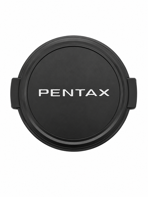 Pentax vintage lensdop, zwart, ronde dop met Pentax-opschrift en zijclips van voren