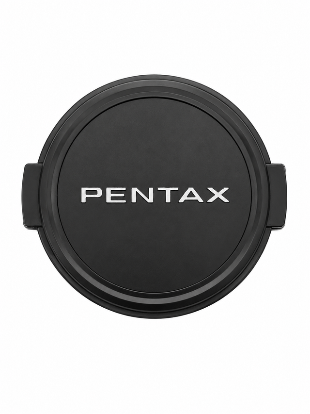Pentax vintage lensdop, zwart, ronde dop met Pentax-opschrift en zijclips van voren