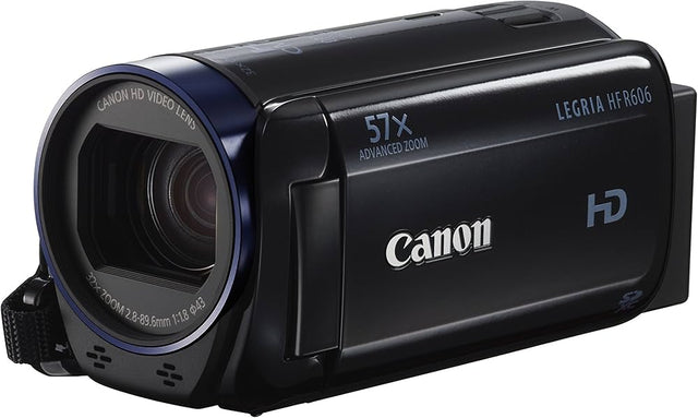 Canon Legria HF R606 videocamera, zwart, schuin van voren met 57x zoom