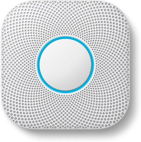 Google Nest Protect slimme rook- en koolmonoxidemelder, wit, voorkant met blauwe lichtring