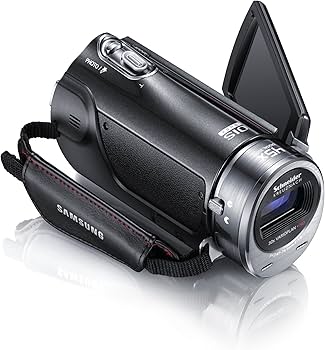 Samsung HMX-H400 digitale videocamera, zwart, voorkant schuin met Schneider-Kreuznach-lens en opgeklapt scherm, tweedehands