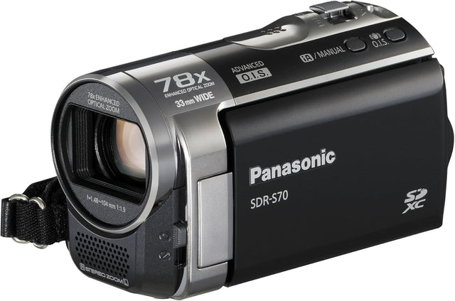 Panasonic SDR-S70 digitale videocamera, zwart, schuin vooraanzicht met 78x zoom-opschrift
