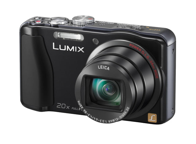 Panasonic Lumix DMC-TZ31 compactcamera, zwart, schuin van voren met 20x Leica-zoomlens, tweedehands