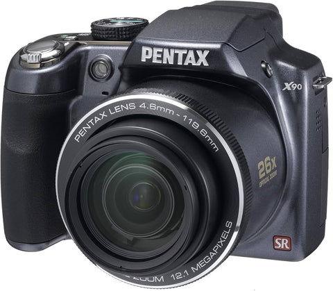 Pentax X90 digitale bridgecamera, zwart, schuin vooraanzicht met 26x zoomlens, tweedehands