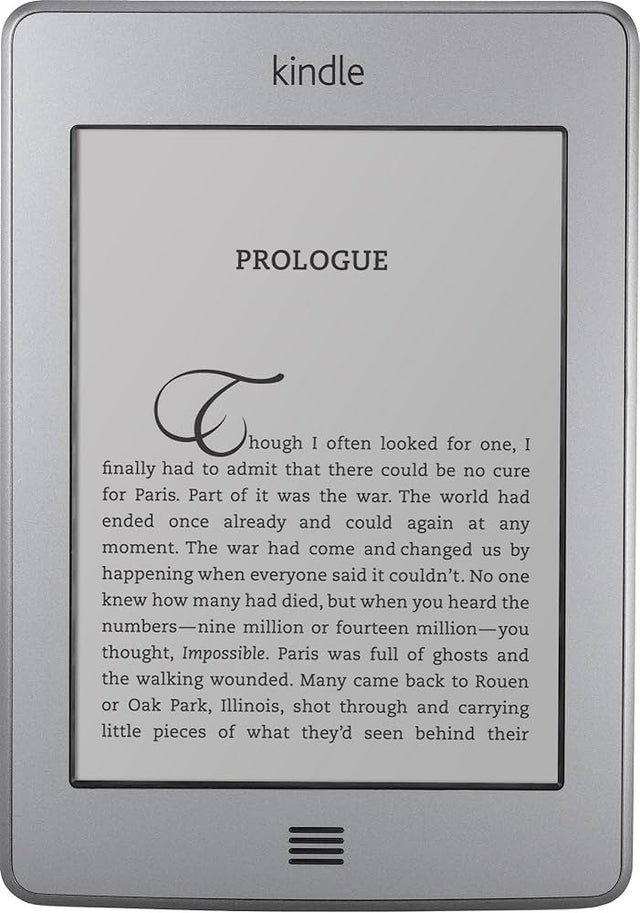 Amazon Kindle Touch e-reader 6 inch, grijs, voorkant met tekstpagina op het scherm, tweedehands