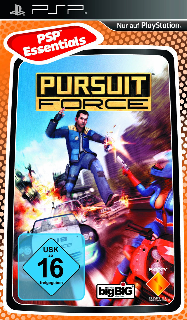 PlayStation Portable PSP Pursuit Force, doos voorkant van de PSP Essentials-uitgave met USK-logo