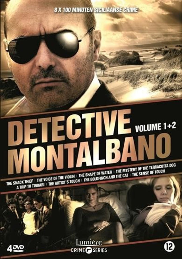 Detective Montalbano Volume 1 en 2 dvd-box met 4 dvd's, hoes voorkant met Montalbano met zonnebril