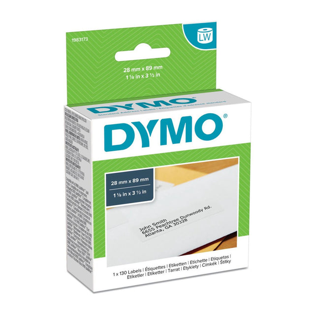 Dymo 1983173 adresetiketten 28 x 89 mm zwart op wit, doos voorkant met opschrift 1 x 130 labels