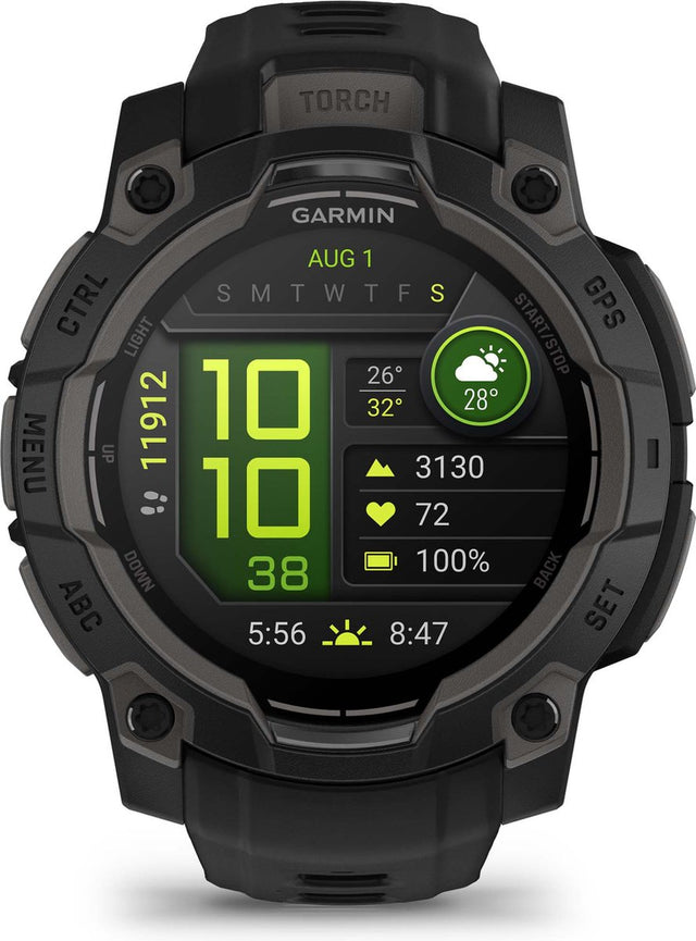 Garmin Instinct 3 AMOLED smartwatch 45 mm, zwart met zwarte band, vooraanzicht