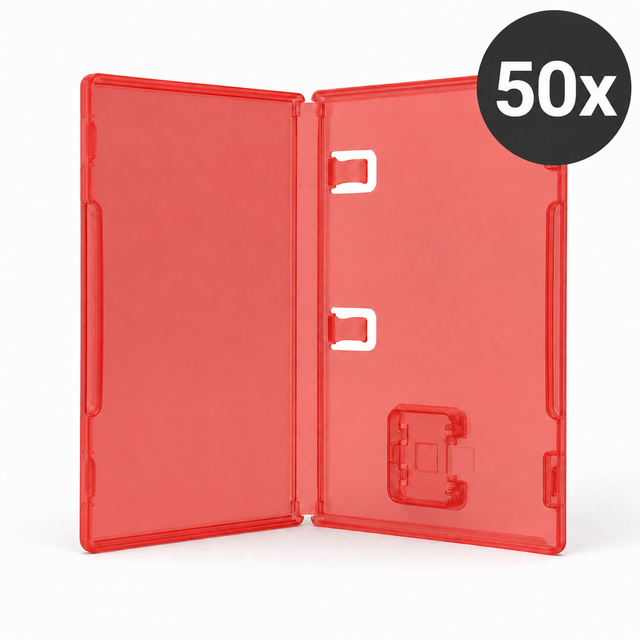50 vervangende Nintendo Switch 2 game cases, rood doorzichtig, opengeklapt hoesje met opschrift 50x