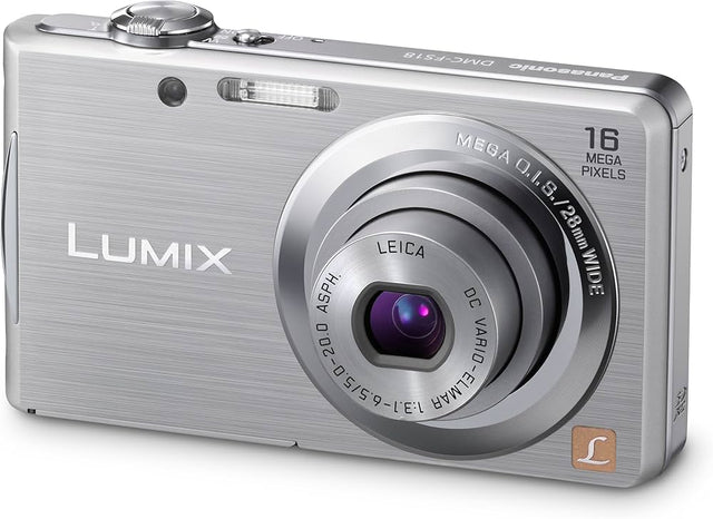 Panasonic Lumix FS18 digitale compactcamera, zilver, voorkant schuin met Leica-lens en 16 megapixel, tweedehands