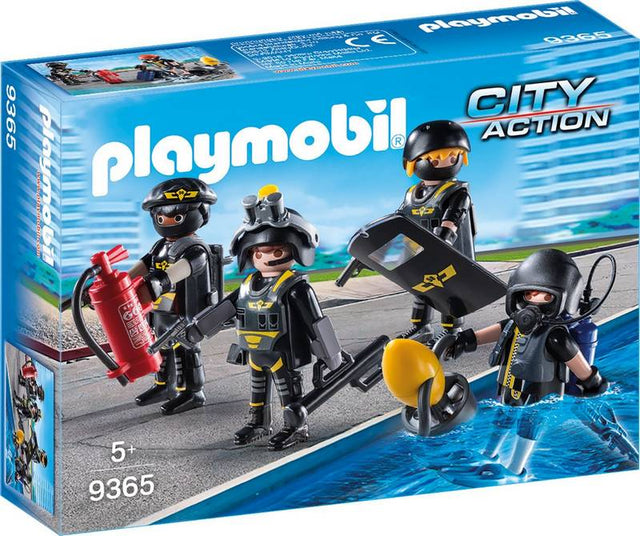 Playmobil SIE-team 9365, doos voorkant met de 4 SIE-agenten en de duiker