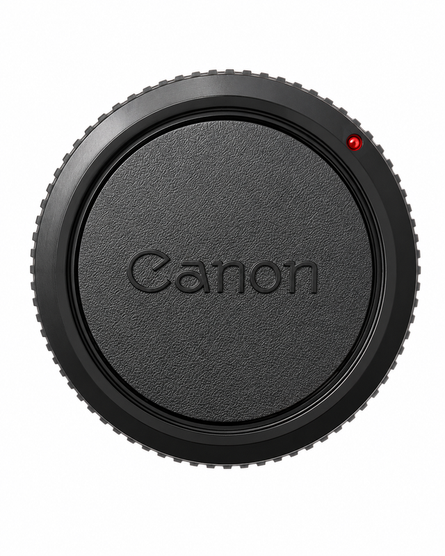 Canon FD-mount body cap R-F-3, zwart met ingeperst Canon-logo, rode stip en geribbelde rand, voorkant