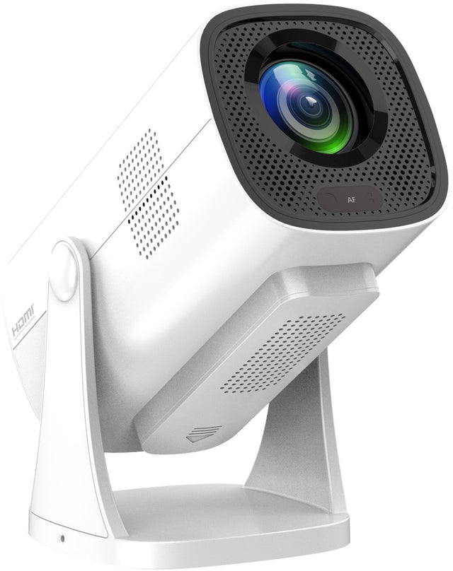 Philips NeoPix 250 smart projector Full HD met Google TV, wit, op de standaard schuin van voren met lens