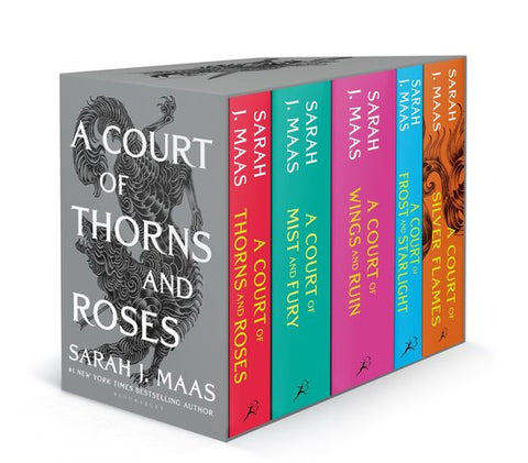 A Court of Thorns and Roses box set, Sarah J. Maas, grijze doos met vijf boeken met gekleurde ruggen, tweedehands