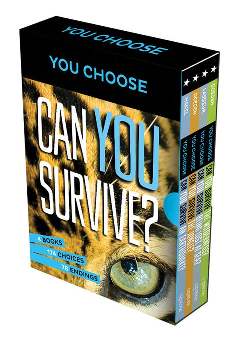 You Choose Can You Survive?, Matt Doeden, box met 4 boeken, doos met een katachtig oog en gevlekte vacht, tweedehands