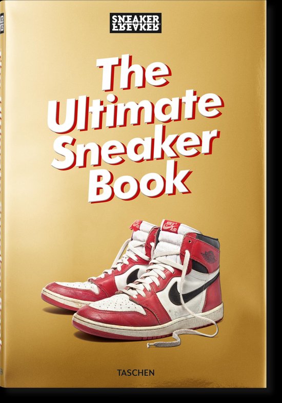 Sneaker Freaker, The Ultimate Sneaker Book, Simon Wood, gouden omslag met een paar rood-witte sneakers, tweedehands