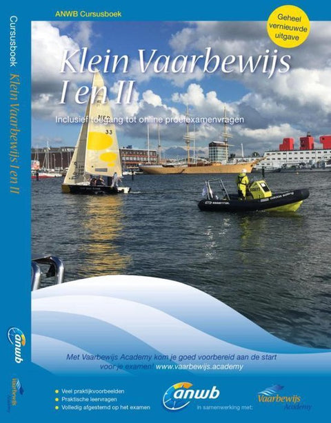 Klein Vaarbewijs I en II, Adelbert van Groeningen, ANWB cursusboek, blauwe omslag met boten in een haven, tweedehands