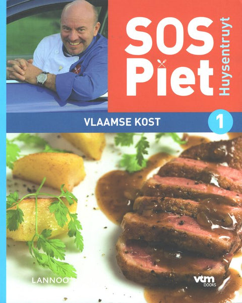 SOS Piet 1 Vlaamse kost, Piet Huysentruyt, omslag met een man in een auto en een bord vlees met aardappelen, tweedehands