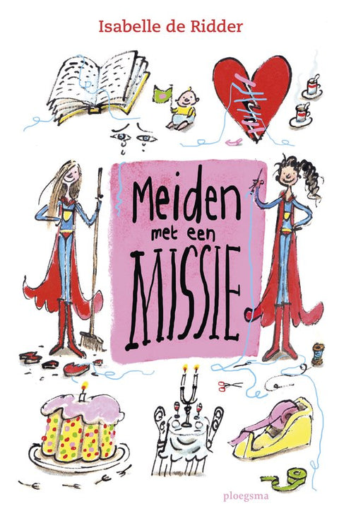 Meiden met een missie, Isabelle de Ridder, witte omslag met twee getekende meisjes met capes en een hart, tweedehands