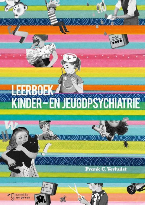 Leerboek kinder- en jeugdpsychiatrie, Frank C. Verhulst, omslag met gekleurde strepen en kinderfiguren, tweedehands