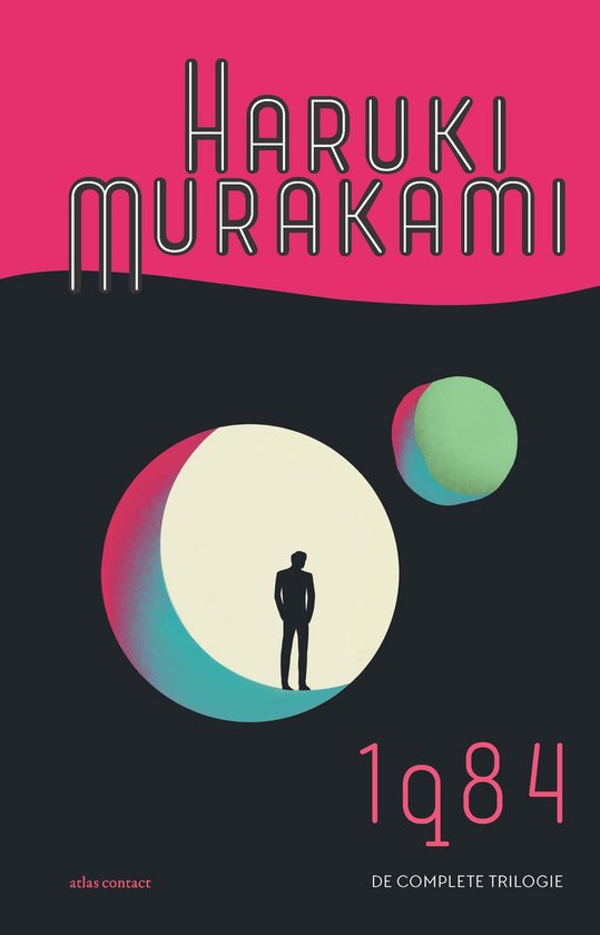 1q84, Haruki Murakami, boekomslag voorkant met een man en twee manen, tweedehands
