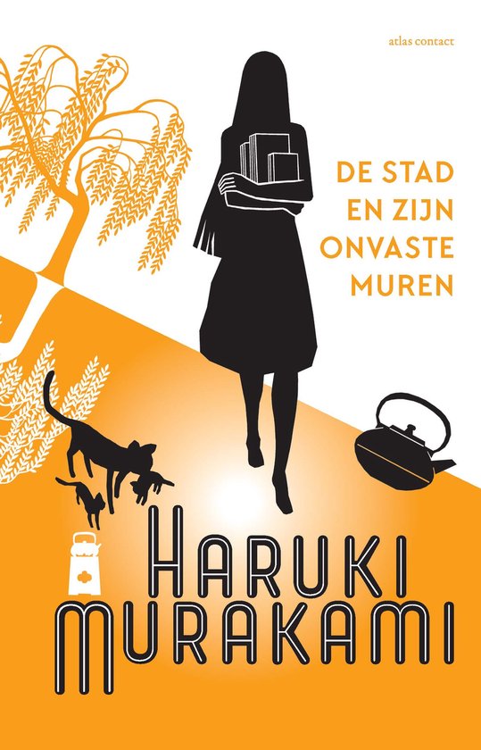 De stad en zijn onvaste muren, Haruki Murakami, oranje omslag met een silhouet van een vrouw met boeken, tweedehands