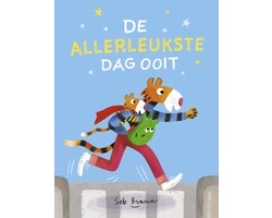 De allerleukste dag ooit, Seb Braun, blauwe omslag met een rennende tijger met een kleine tijger op zijn rug, tweedehands