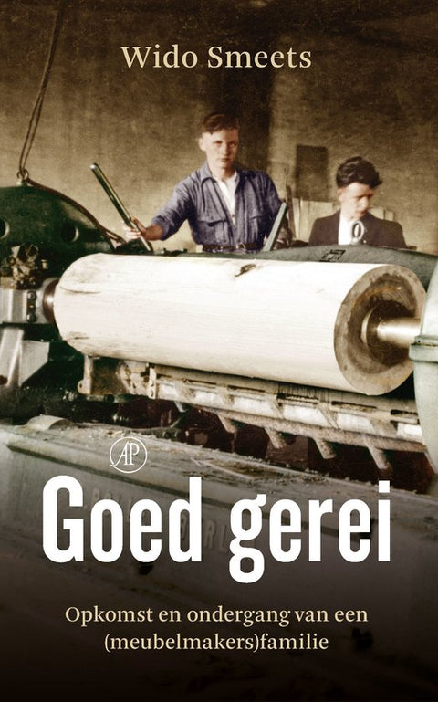 Goed gerei, Wido Smeets, bruine omslag met twee jonge mannen bij een machine met een boomstam, tweedehands