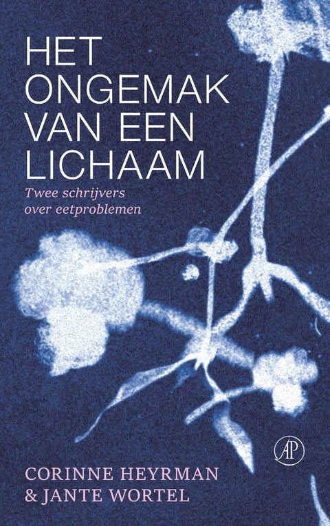Het ongemak van een lichaam, Corinne Heyrman en Jante Wortel, blauwe omslag met witte afdrukken van planten, tweedehands
