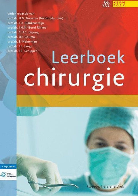Leerboek chirurgie, H.G. Gooszen, tweede herziene druk, rode omslag met een chirurg met mondkapje, tweedehands