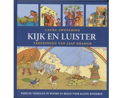 Kijk en luister, Laura Zwoferink, Bijbelse verhalen, blauwe omslag met een boot, dieren en een regenboog, tweedehands