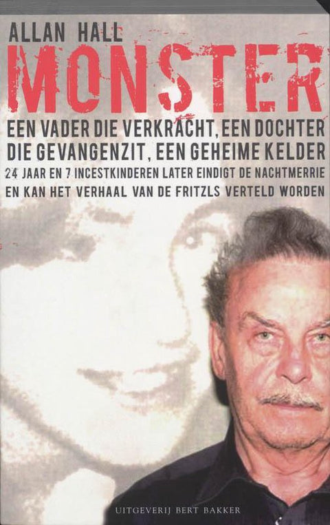 Monster, Allan Hall, omslag met een oudere man met snor en een vervaagd vrouwengezicht, tweedehands