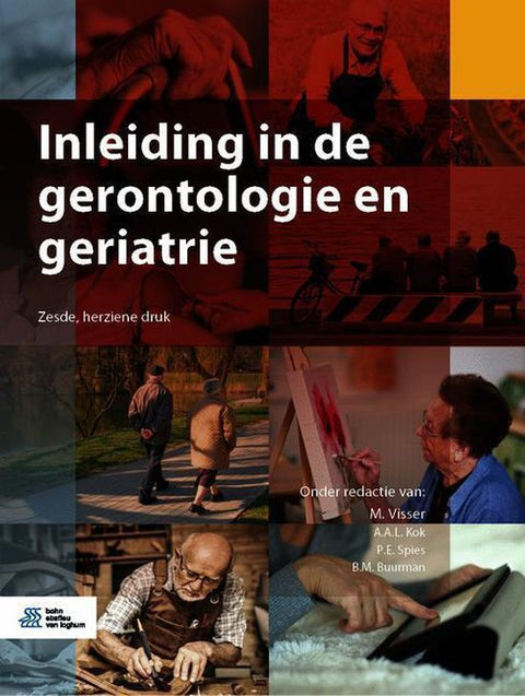 Inleiding in de gerontologie en geriatrie, M. Visser, zesde herziene druk, omslag met foto's van ouderen, tweedehands
