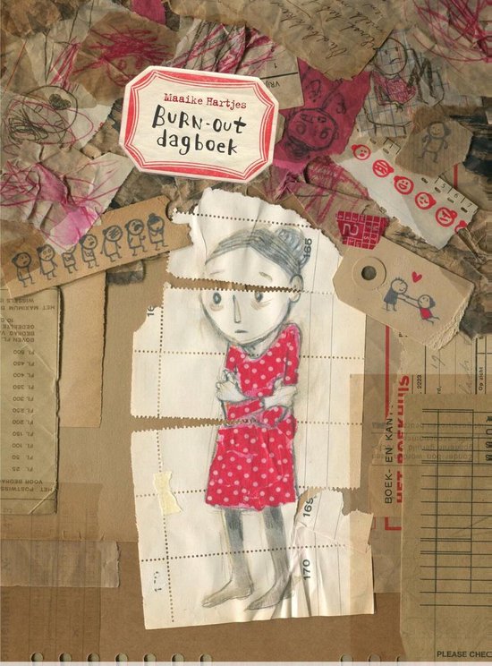 Burn-out dagboek, Maaike Hartjes, omslag met een getekende vrouw in een rode stippenjurk op een collage, tweedehands